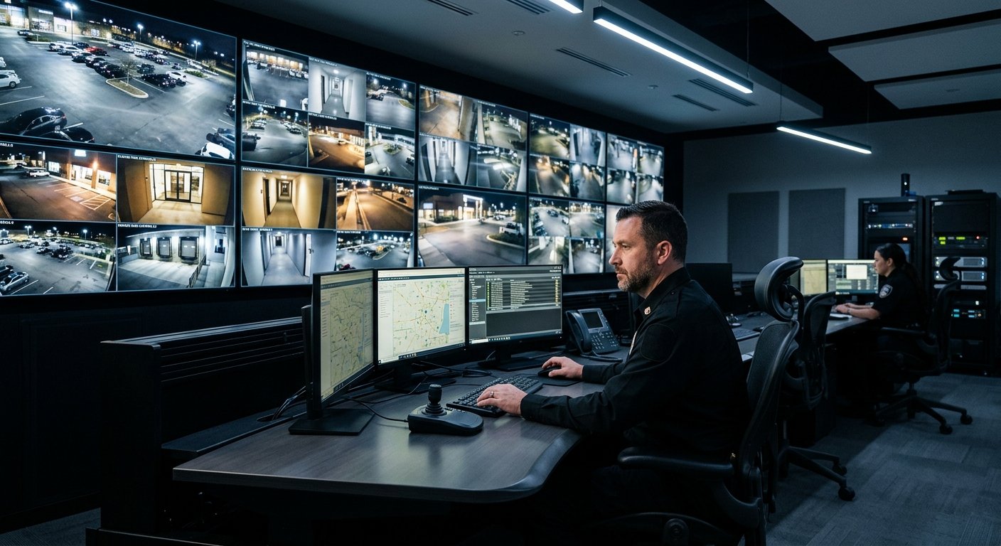 Male security operator monitors multiple live camera feeds at a glowing control room workstation at night, with a second oper