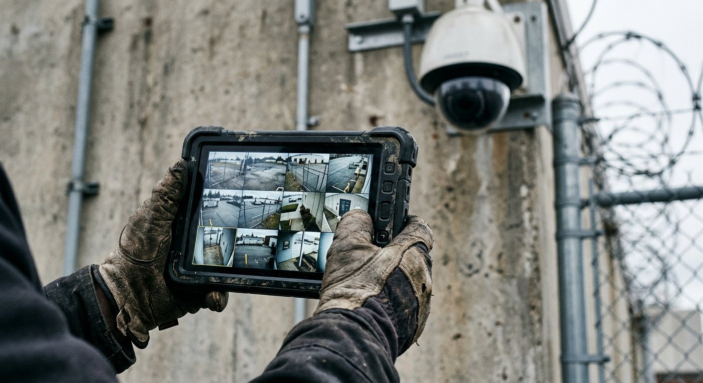 Gloved hands holding a tablet showing a surveillance camera grid, with a blurred dome camera mounted on a concrete wall behin