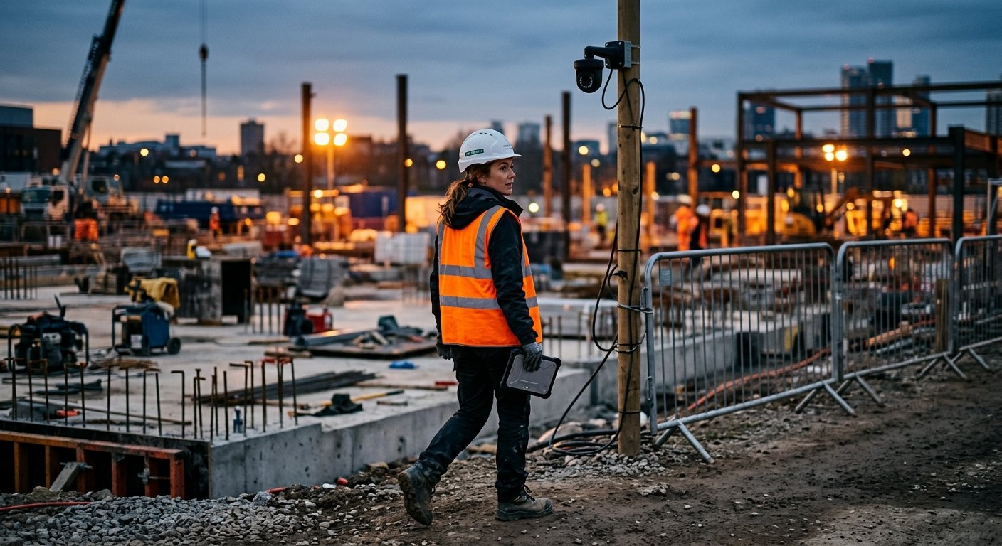 Woman in hard hat and hi-vis vest walks past a security camera pole at a construction site at dusk