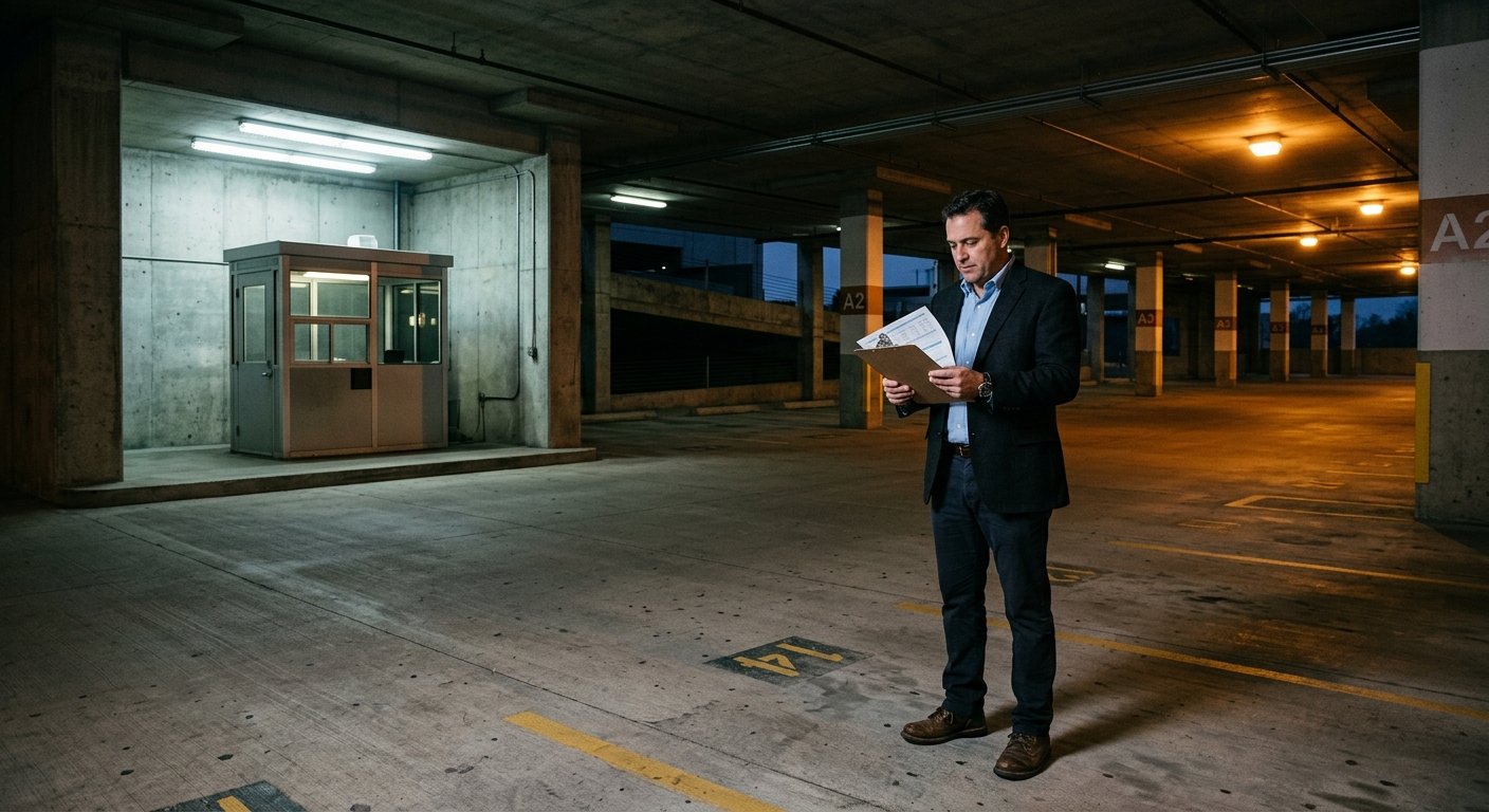 Property manager standing alone in a large empty parking garage at dusk, reviewing paperwork near an unoccupied guard booth