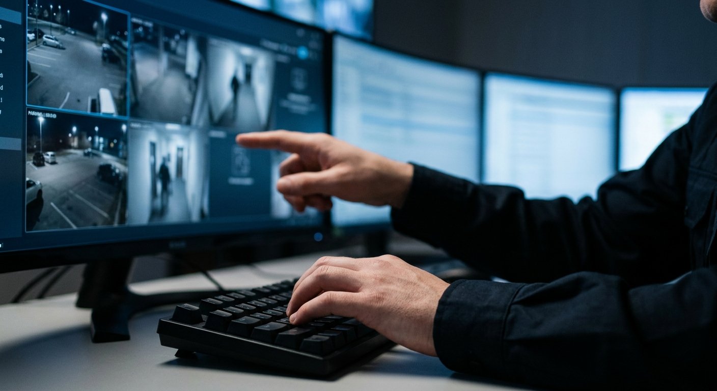Close-up of hands on a keyboard pointing at live camera feed thumbnails on a glowing monitor in a dark monitoring center