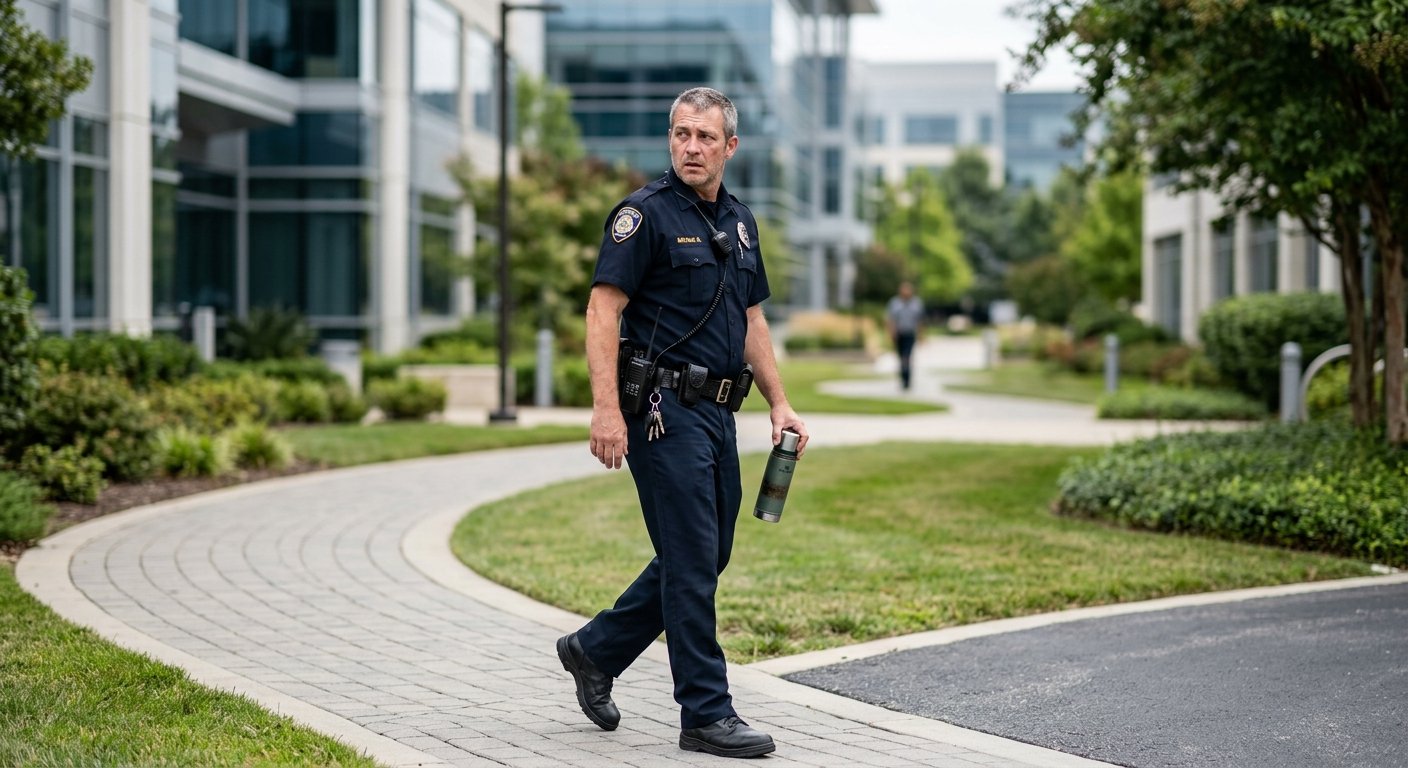 Security guard mid-stride on a sunlit corporate campus walkway, glancing back with a tired expression, radio on belt, thermos