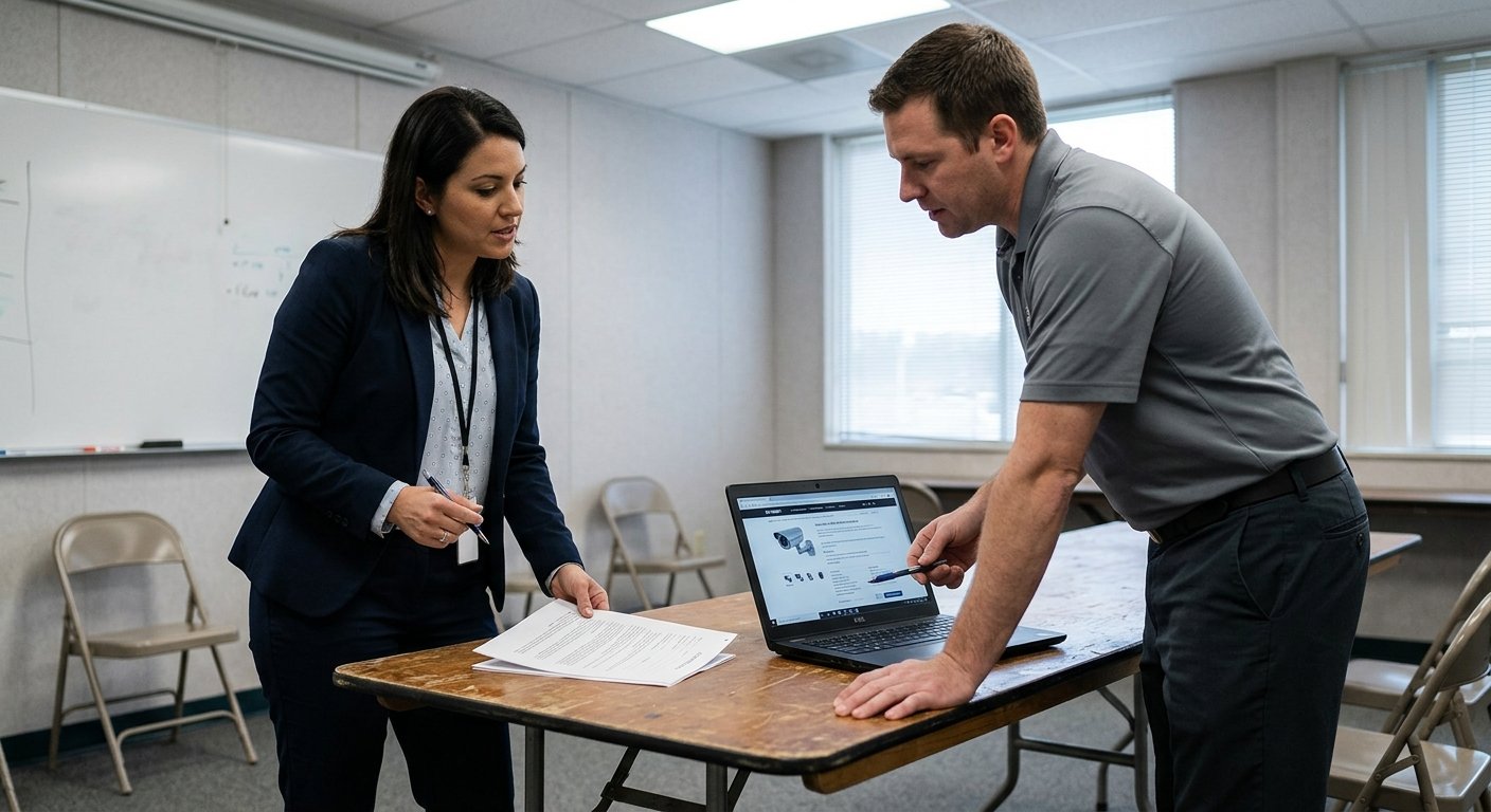 Property manager and sales rep reviewing a security contract at a conference table with a laptop showing camera products