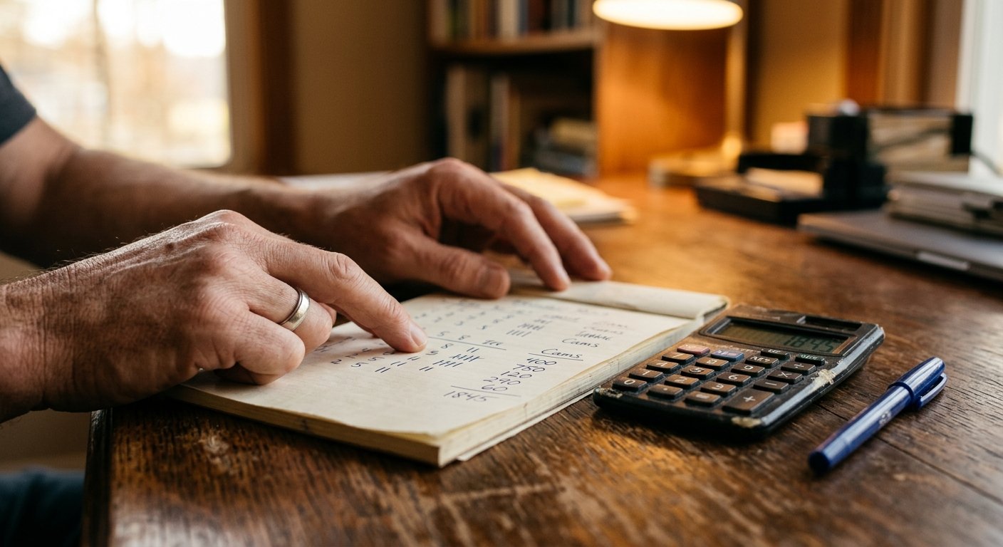 Hands pointing to handwritten camera count notes on a notepad beside a calculator on a wooden desk