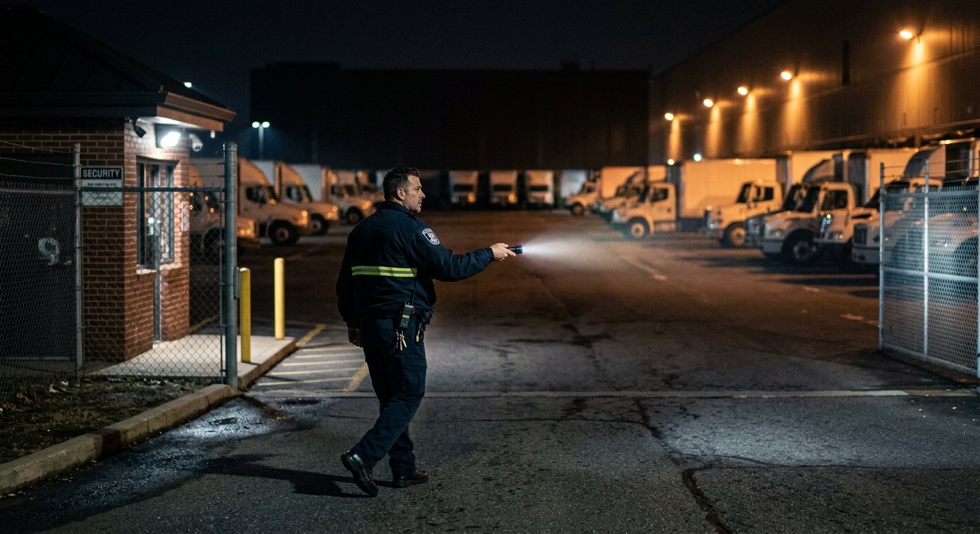 Security guard mid-stride at night in a large warehouse parking lot, flashlight beam illuminating the dark perimeter