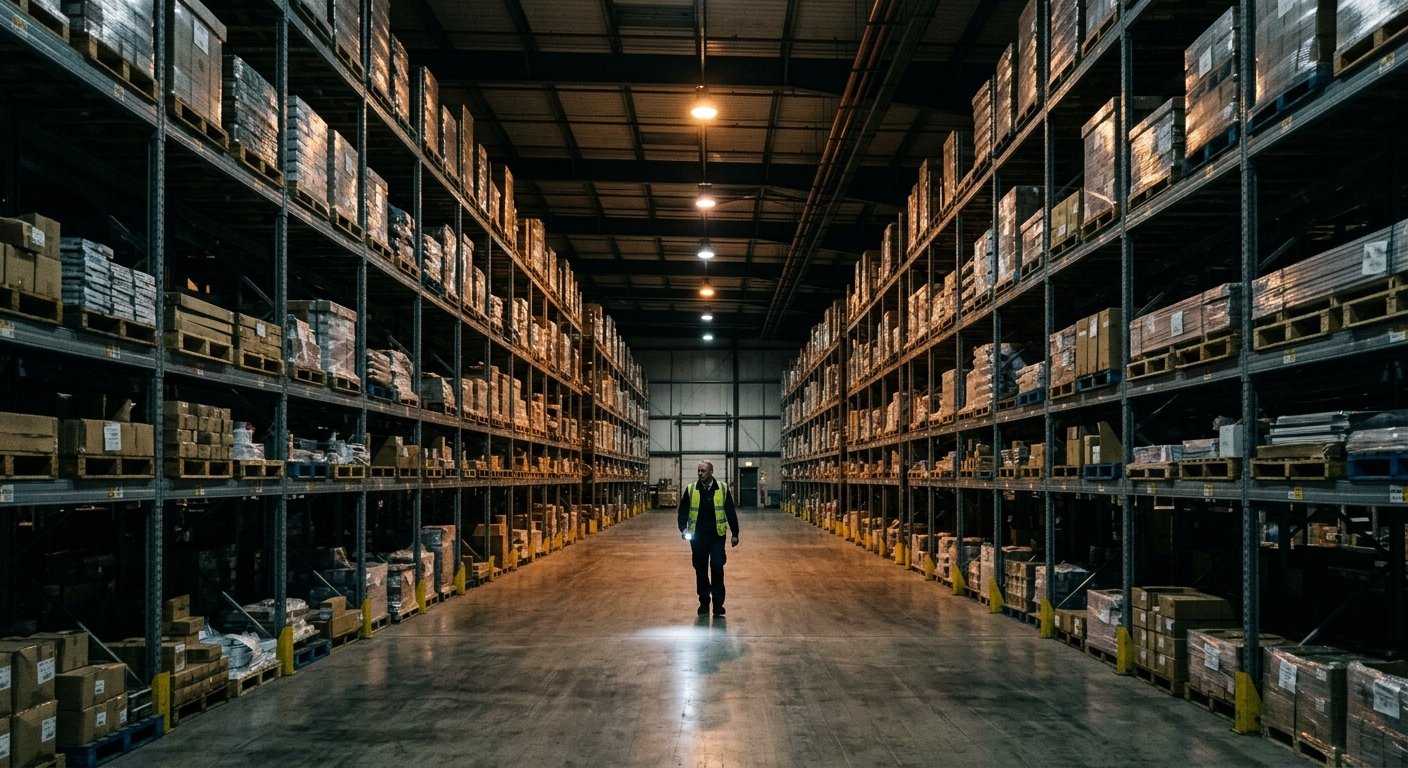 Security guard with flashlight walking a dimly lit warehouse aisle at night, surrounded by tall shelving units stacked with p