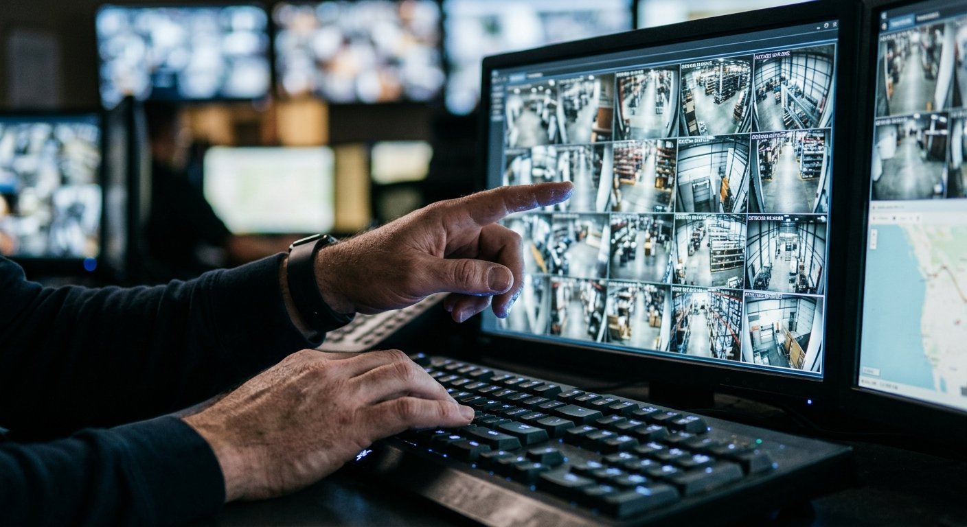 Security operator's hands on keyboard in front of a monitor showing a grid of live warehouse camera feeds in a dim control ro