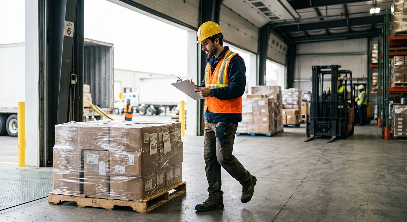 Warehouse worker in hard hat and reflective vest checking clipboard beside a pallet at a sunlit loading dock bay