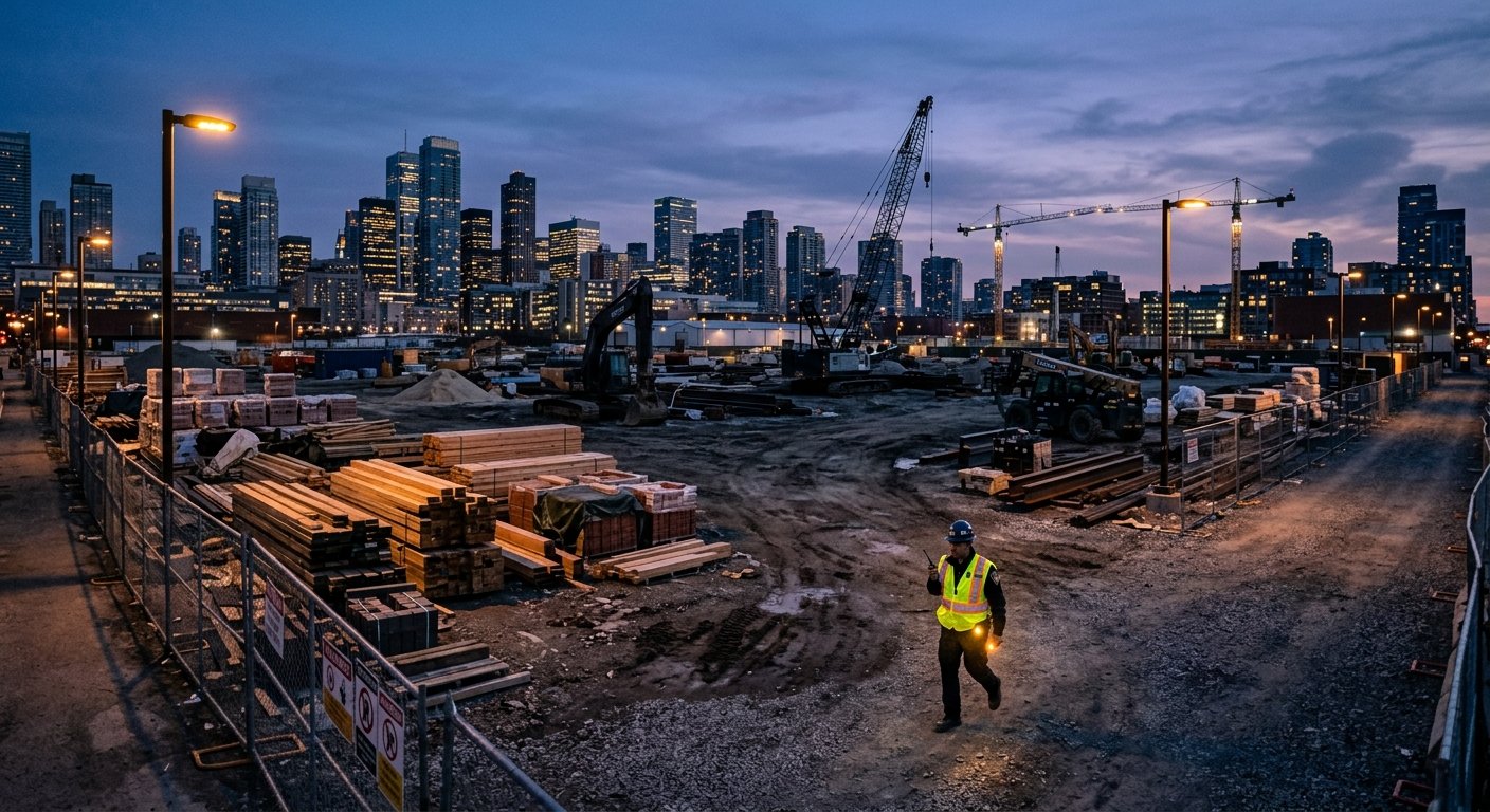 Security guard in hi-vis vest patrols a large open construction site at dusk with machinery and stacked materials in the back