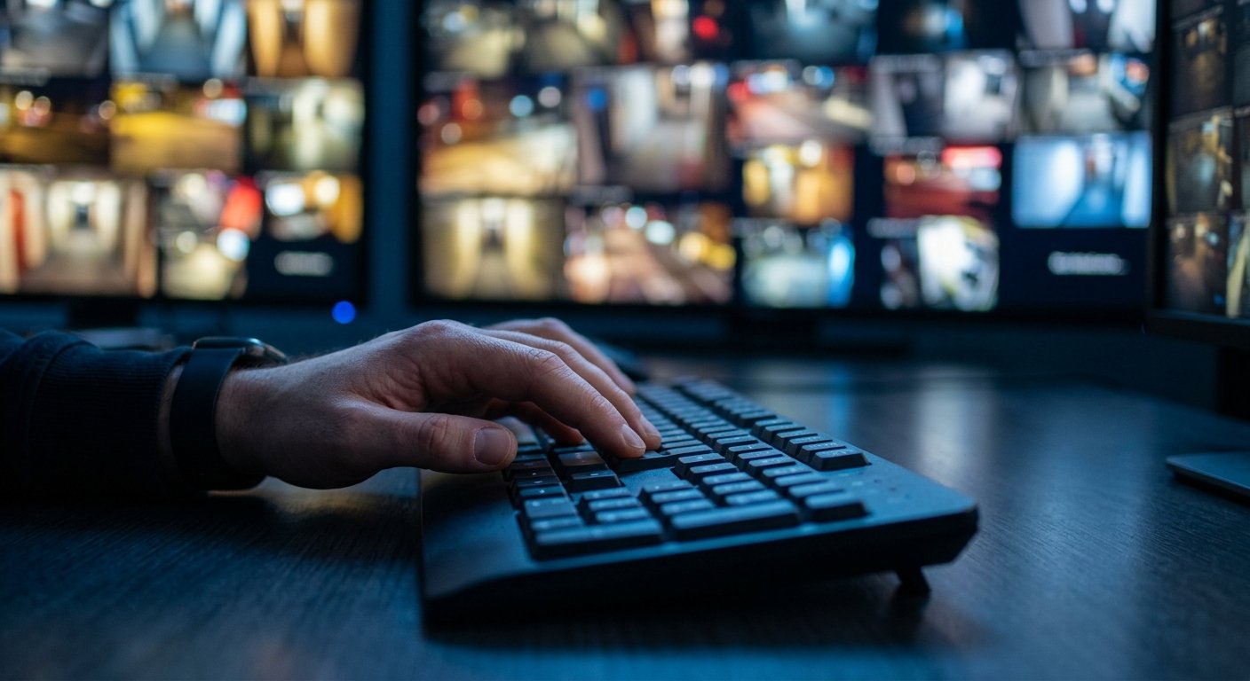 Hands on a keyboard in a dark monitoring room, with blurred surveillance camera feed screens glowing in the background