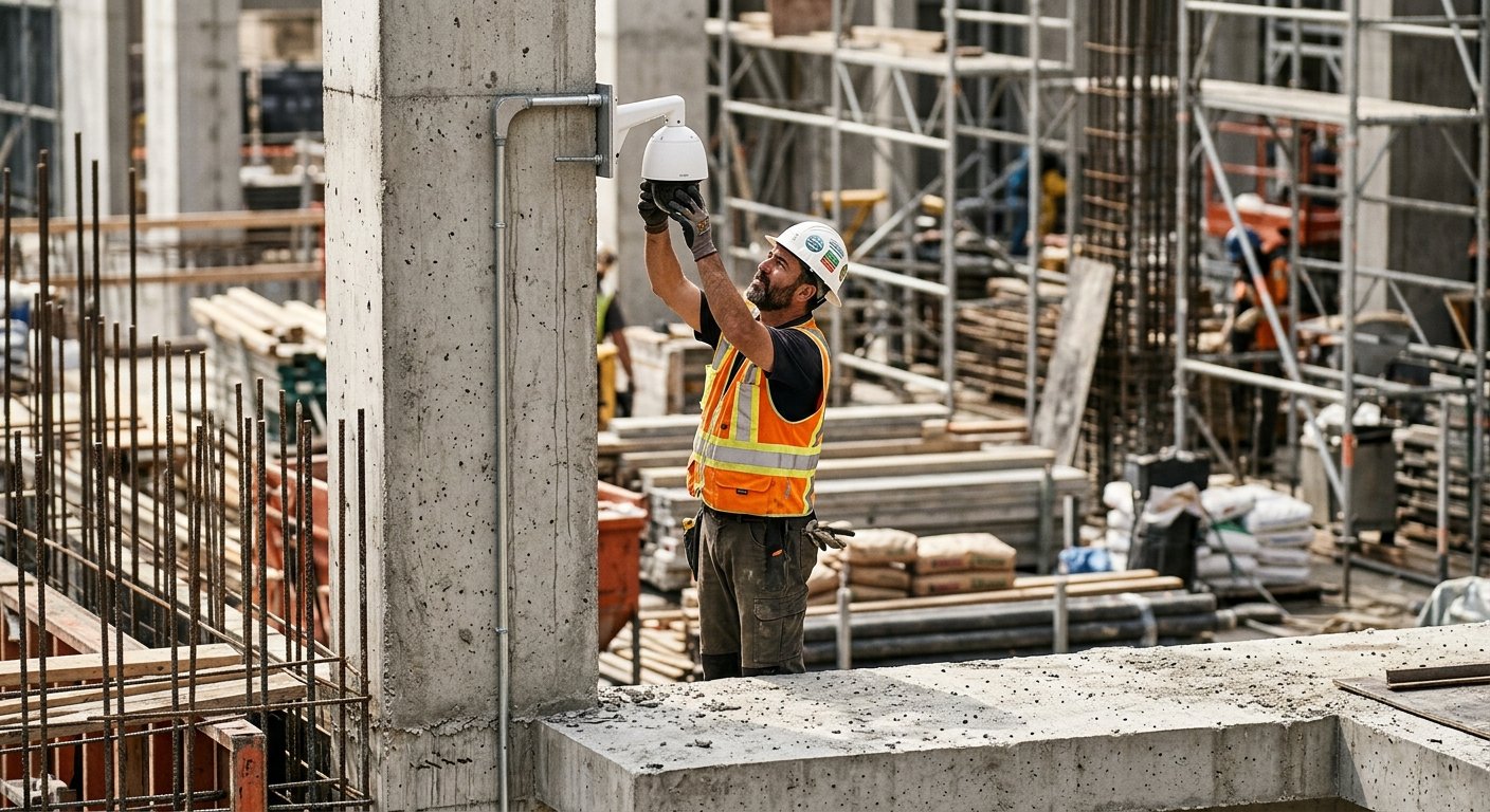 Construction supervisor in hard hat adjusting a pole-mounted security camera on a partially built concrete floor in morning l